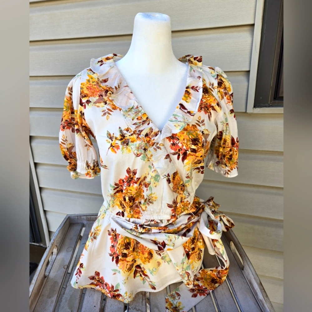 LC Lauren Conrad Cream Floral Wrap Blouse with Yellow & Rust Flowers